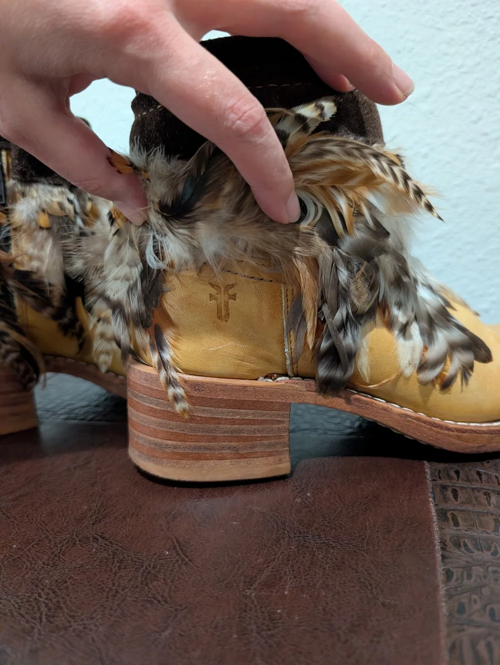 Vintage Frye Campus Banana Short Boots With Custom Feather Trim Size 6